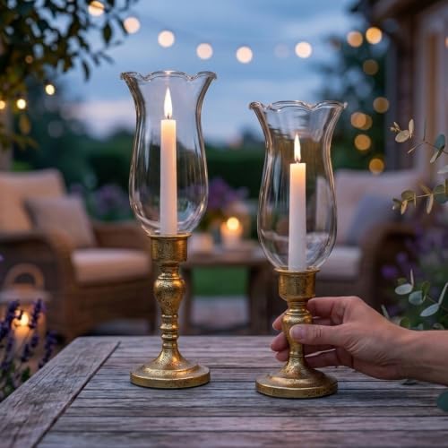 Volens Set of 2 Hurricane Glass Candle Holders with Iron Base & Glass Dome - Image 6