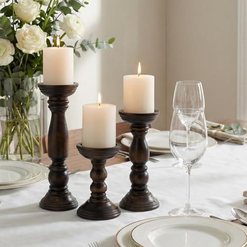BANOMII Farmhouse Wooden Candle Holders for Pillar Candles Set of 3, Rustic Wood Candle Holder Table Centerpiece Decor, 12'' 9'' 6'' Vintage Tall Candle Stand Decorative, Dark Brown - Image 7