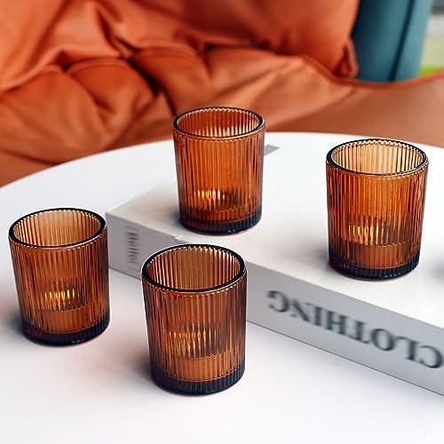 VOHO 12pcs Amber Candle Holders for Votive Tea Lights Candles, Ribbed Glass - Image 7