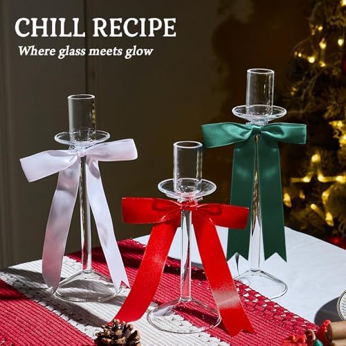 CHILL RECIPE Christmas Candle Holder Glass Taper Candlestick Holders with Built-in Candle Drip Protectors Bows Decor for Table Centerpiece Wedding Party Christmas(Red Green White) - Image 7
