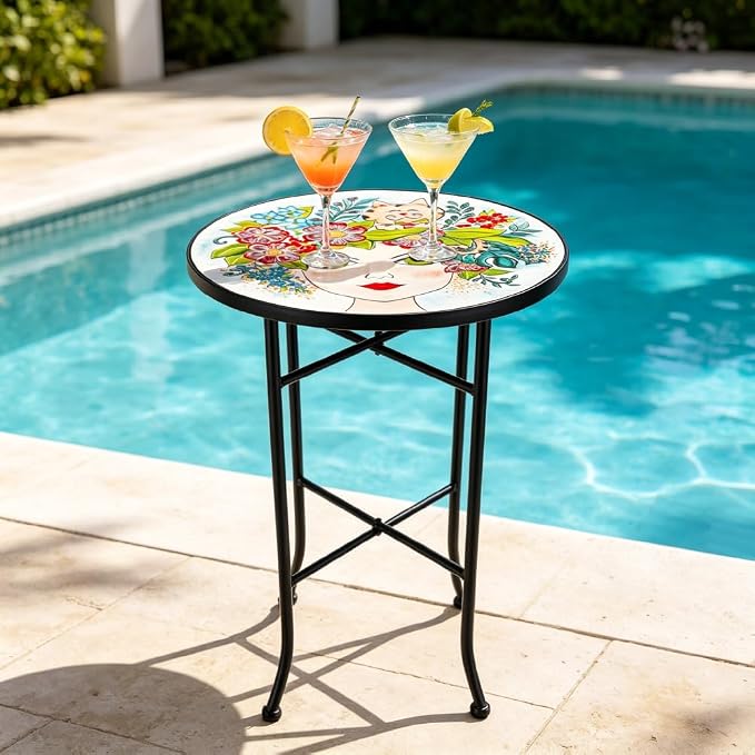 Mosaic Outdoor Side Table Small Round Patio Table Plant Stand | 21" Accent End Table with 14" Ceramic Tile Top for Small Spaces Porch Pool Garden Decor Indoor Living Room Bedroom Balcony