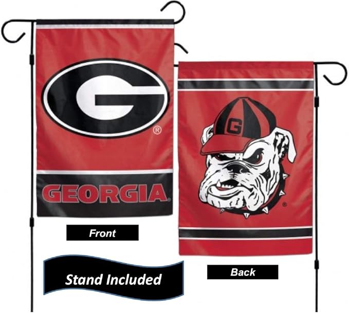 University of Georgia Bulldogs (UGA) Garden Flag Set With Stand, Printed in the USA, 12.5" x 18" College Flag With Three Piece Steel Yard Flag Stand Holder