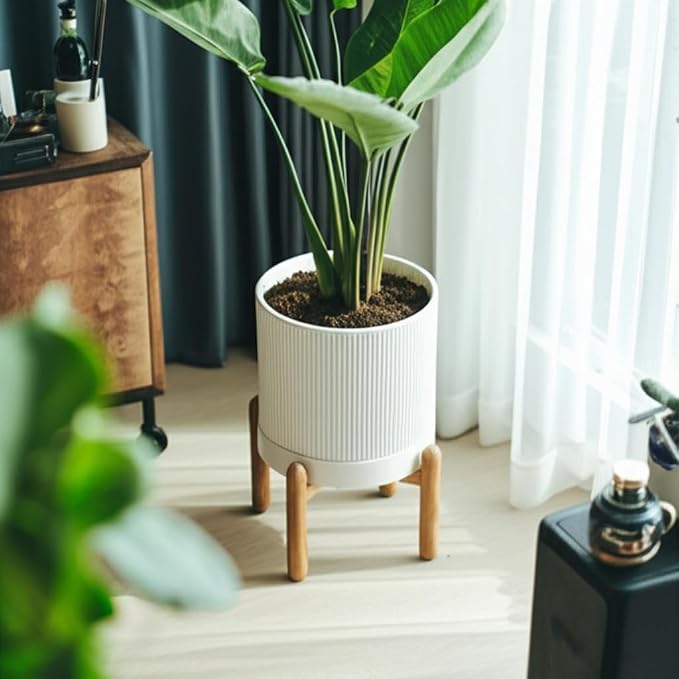 HERDUK 8 Inch Ceramic Planter with Natural Wood Stand w/Drainage & Saucer - Modern Indoor Planter for Cacti, Snake Plants & Aloe Vera