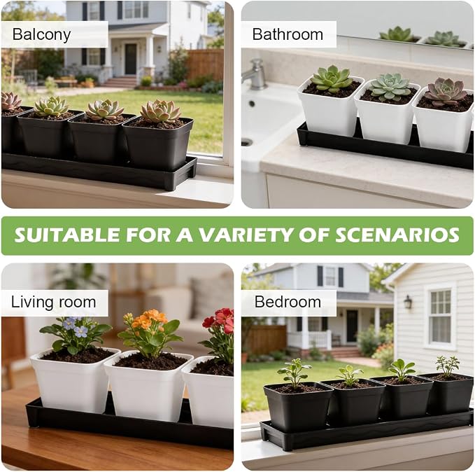 10 Pack Plastic Windowsill Plant Pot Trays (16"x5.5"x1.5"), Rectangular Window Sill Saucer with Removable Drainage Hole, Thick Plant Saucer Tray for 4 inch (10CM) Flower Seedling Pots (Black)