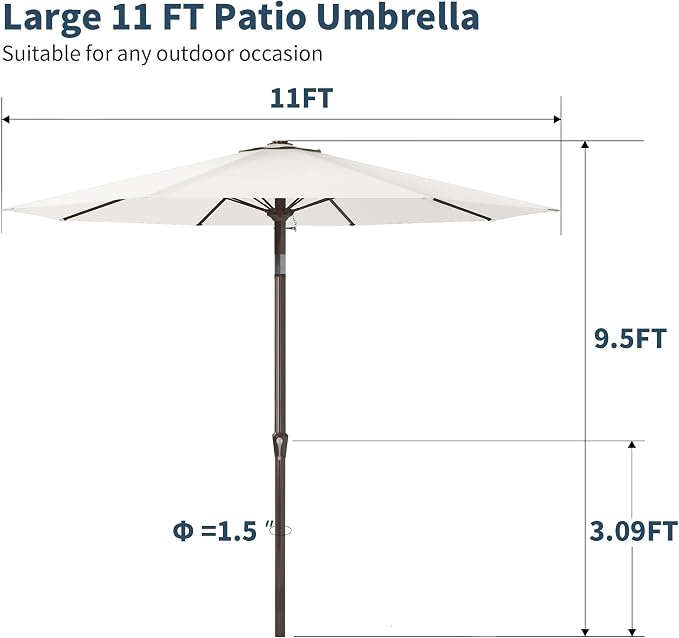 PatioKingdom 11FT Patio Umbrella,Outdoor Umbrella with Push Button Tilt and Crank,Market Table Umbrella with 8 Sturdy Fiberglass Ribs UV Protection