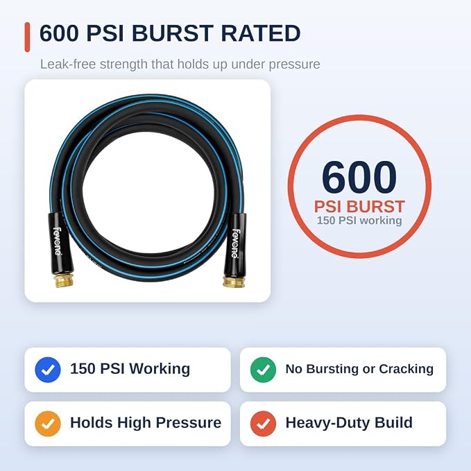 FEVONE Kink Free Garden Hose 12 ft, Heavy Duty Water Hose | Flexible Lightweight, Hybrid Polymer, 5/8 ID, 600 PSI, Leak-Proof, Solid Brass 3/4 GHT Connectors