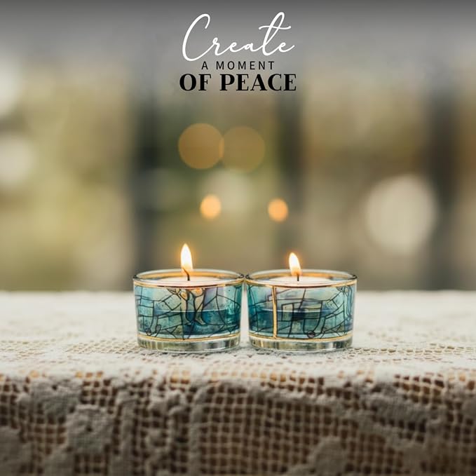 SURI Chagall Style Shabbat Candle Holders Set of 2 – Glass Shabbos Sabbath Tea Light Holders, Jewish Home Décor