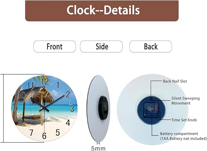 XFM Beach Wall Clock 14 Inch Blue Glass | Battery Operated Silent Non Ticking Hawaii Summer Tropical Coastal Decorative for Living Room Kitchen Bedroom Office