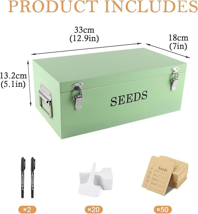 Seed Storage Organizer with 2 Dividers,Wooden Seed Saving Box with Lid, Seeds Bin Storage Container Kit with 2 Pens,12 Slots and 50 Seeds Envelopes, Perfect for Flower Plants Garden