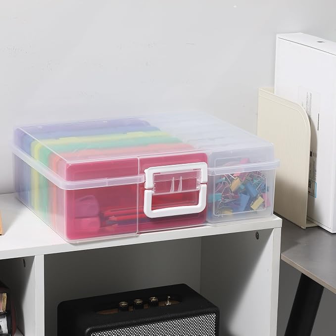 Novelinks Stackable Plastic Clear Storage Box Containers with Latching Lid - Art Craft Supply Organizer Storage Containers for Pencil Box,Crayon, Jewelry (6 Pack Medium Colorful+6 Pack Small Clear)