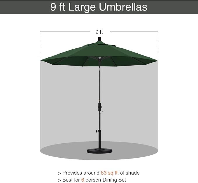 California Umbrella 9' Round Aluminum Outdoor Deck, Pool or Patio Umbrella, Crank Lift, Auto Tilt, Bronze Pole, Hunter Green Olefin