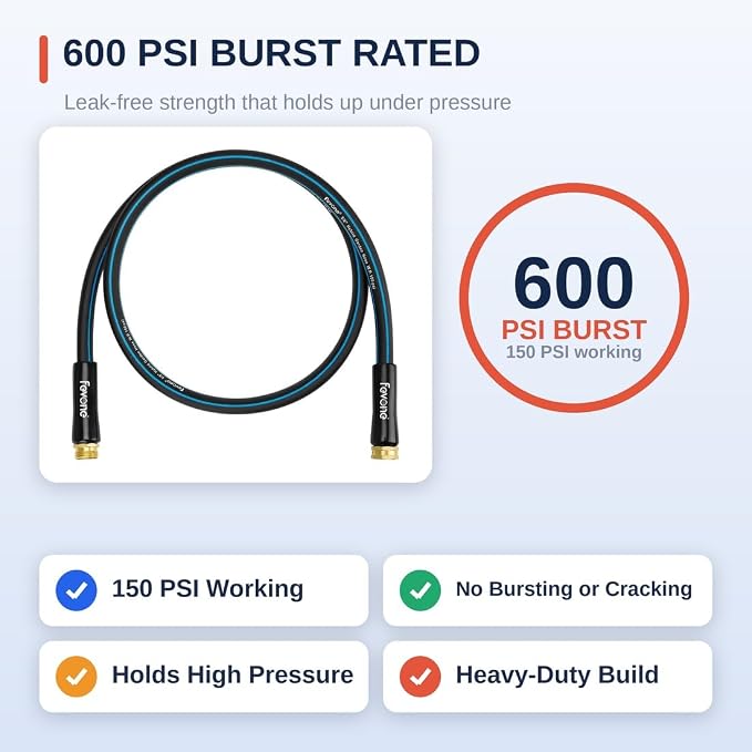 FEVONE 6 ft Lead-In Garden Hose, Hose Reel Leader Hose | Flexible Hybrid Polymer, Kink Free, Heavy Duty Water Hose, 5/8 ID, 600 PSI, Leak-Proof, Solid Brass 3/4 GHT Fittings