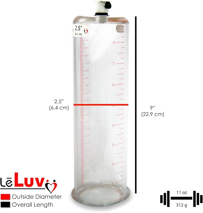 LeLuv Vibrating Penis Pump Maxi Red Handle + Protected Gauge and Clear Hose - 9 inch Length x 2.50 inch Diameter Cylinder