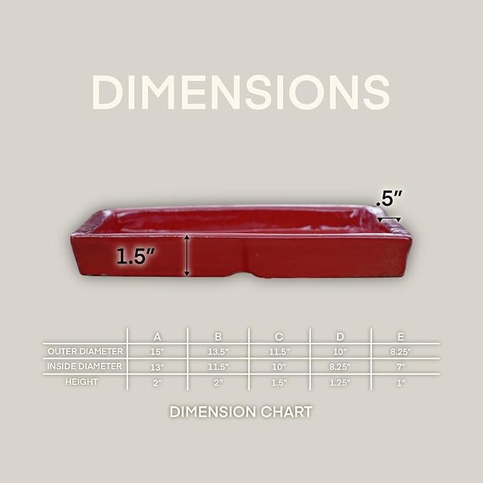 15 Inch Plant Saucer (Ceramic) - Square Bright Red Flower Pot Tray - Handcrafted, Durable Planter Base