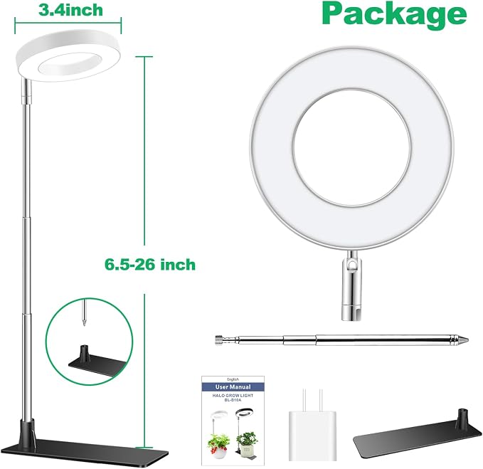Aokrean Halo Grow Lights with Base for Indoor Plants Growing, Full Spectrum | 48 LEDs White 1-Pack, 2 Installation Ways, 6.5-26 in Height Adjustable, 3 Lighting Modes, Auto Timer 3/9/12Hrs, 10 Brightness
