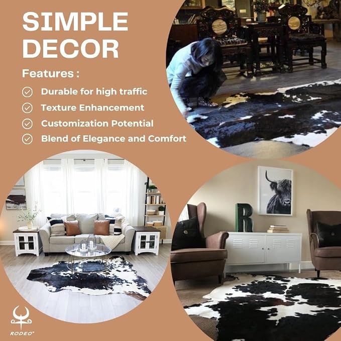 rodeo Genuine Cowhide Rug - Real Cow Hide Rug Large for Living Room & Bedroom - Western Rugs for a Natural Western Home Decor Ambiance - Rustic Cow Print Carpet Decor - 6x7 ft, Dark Tricolor