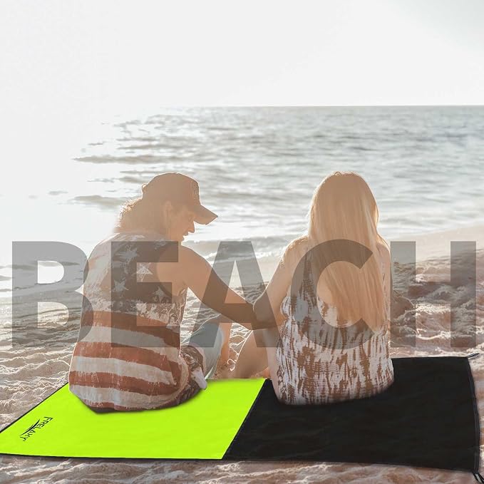 Frelaxy Pocket Picnic Blanket, Waterproof Sandproof Beach Mat, Compact Camping Tarp for Festivals, Hiking, Travel, Outdoor Recreation (Neon Green & Black, 57'' x 71'')