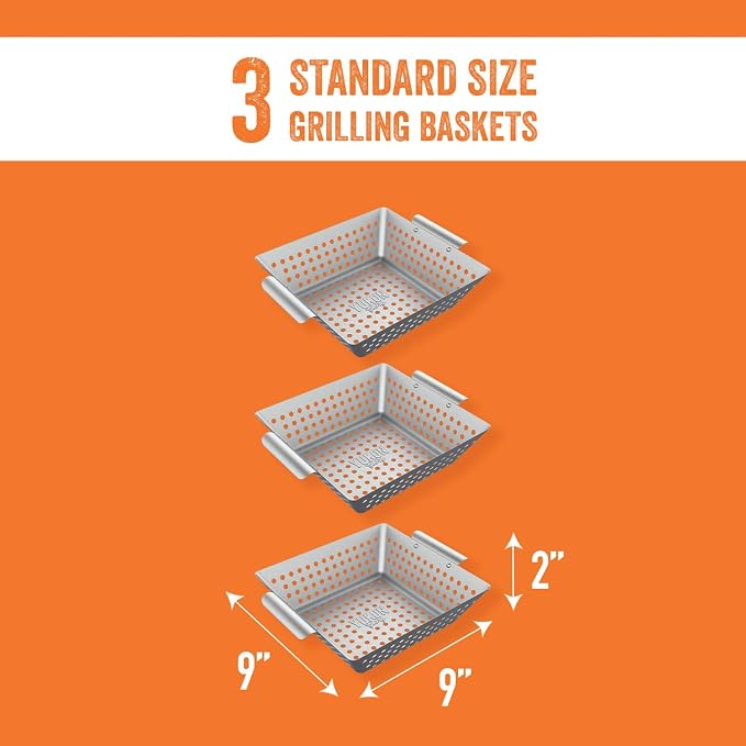 Yukon Glory 3-Piece Square Grill Basket Set | Stainless Steel BBQ Baskets with Protective Pads | Vegetables, Fish & Shrimp | RUST-PROOF | Dishwasher Safe | Gas, Charcoal & Campfire