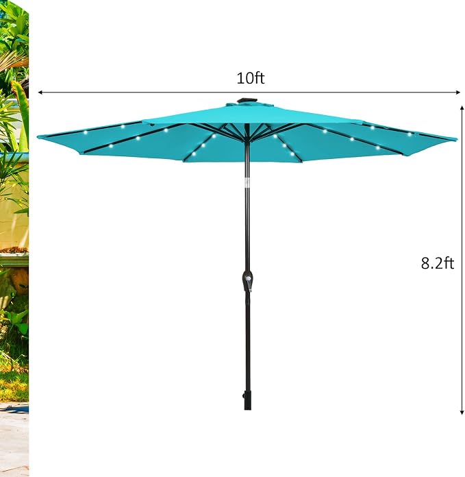 HAPPYGRILL 10FT Patio Umbrella with Lights Outdoor Solar Powered Sunbrella with Tilt Crank Umbrella for Garden Poolside Backyard Beach