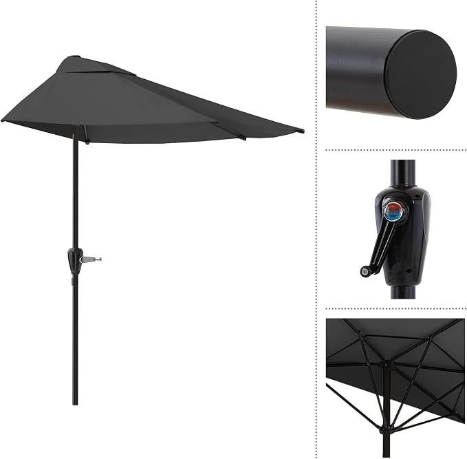 Half Umbrella Outdoor Patio Shade - 9 ft Patio Umbrella with Easy Crank - Small Canopy for Balcony, Table, or Deck by Pure Garden (Gray)