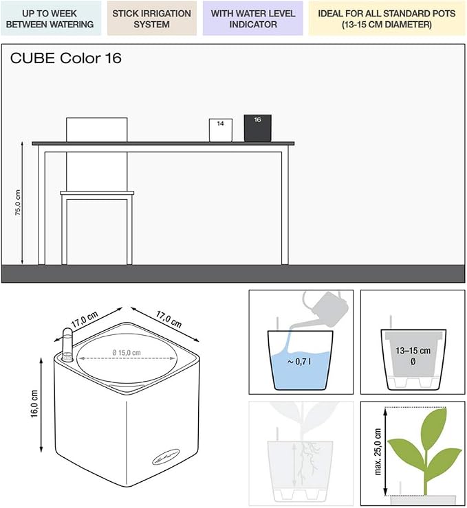 Lechuza 13580 Cube Color 16 Self-Watering Planter for Indoor and Outdoor Use, 7" x 7" x 6", White