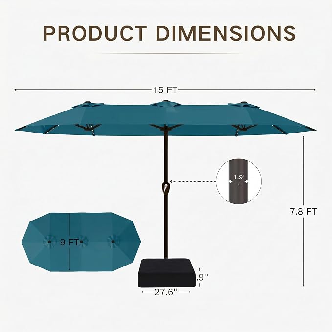Kingdura 15ft Large Patio Umbrella with Solar Lights, Double-Sided Rectangle Outdoor Table Umbrella with Base Included, 12 Reinforced Ribs, 48 Led Lights, Crank Lift for Market Pool Deck, Lake blue