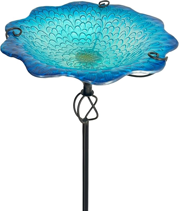 HONGLAND Bird Baths for Outside,11" Small Blue Glass Birdbaths Outdoor,Detachable Bird Feeder with Metal Stake for Garden Yard Patio Decor,30" Height