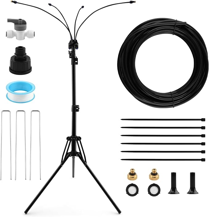 Stand Misters for Outside Patio, 40.55"-62.99" Adjustable Height Outdoor Stand Up System with 26FT Hose, Portable Water Misters for Mist Playing,Patio Cooling,Backyard,Sprinkler