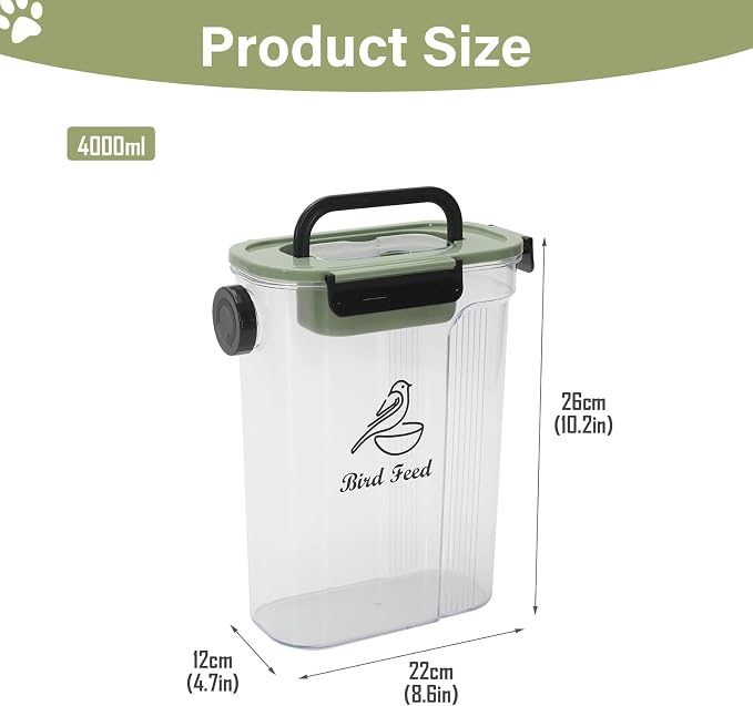 Bird Food Container,Pet Food Storage Bin with Side Pouring Spout and Handle,5lb Bird Seed Storage Container,Airtight BPA Free Portable BirdSeed Storages for Outside Feeders Container Holder
