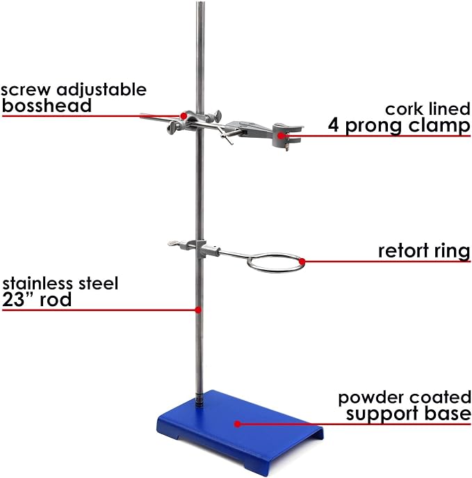EISCO 10PK Chemical Resistant Steel Lab Stand Set - Support Stand (8" x 5"), 12mm Dia. Rod (23.6" L), Cork Lined Burette Clamp with Boss Head and Retort Ring (2.5" Dia)
