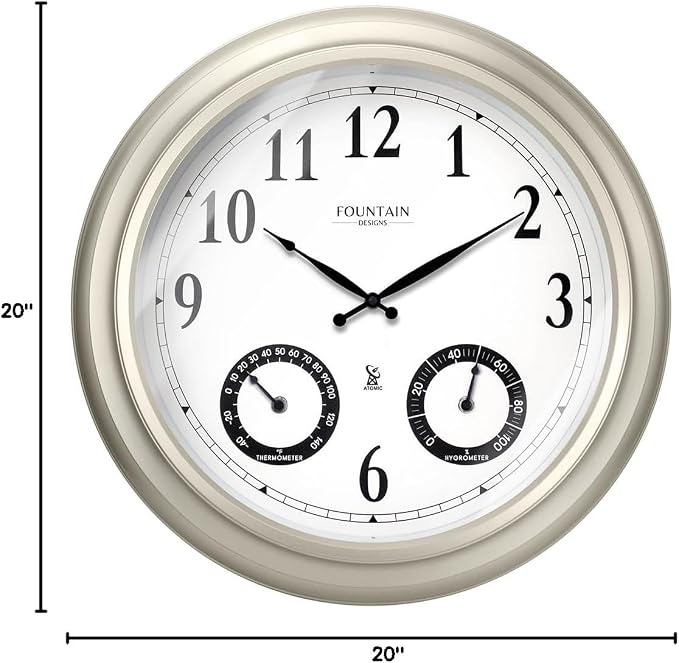 20" Evander Outdoor Atomic Clock with Thermometer & Hygrometer, 3 in 1 Weather Stations, Large Wall Clocks for Living Room Decor,Modern Farmhouse Home Decor (Morning Silver)
