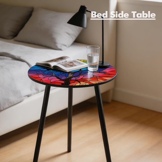 Outdoor Side Table Set of 2 Patio Side Tables for Outside Black End Tables Small Outdoor Table Round Patio End Table Metal Side Table Outside, Indoor, Bedroom, Living Room, Small Spaces, Rainbow Tree