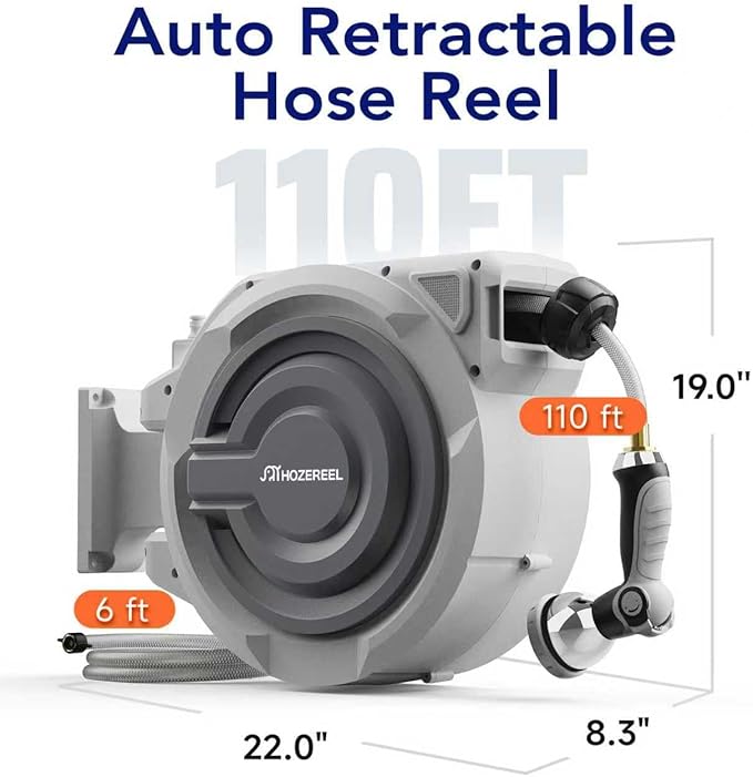 Retractable Garden Hose Reel 1/2"x 110ft, UV Resistant Hose Reels - Automatic Slow Self Retract Wall Mount Hose Reel Enclosed Storage, Any Length Lock 180° Swivel, 10 Pattern Nozzle