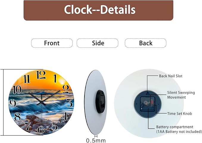 Blue Beach Wall Clocks Battery Operated 14 Inch | Analog Coastal Wall Clock for Bedroom Living Room Kitchen Glass Wall Clock Silent Non Ticking