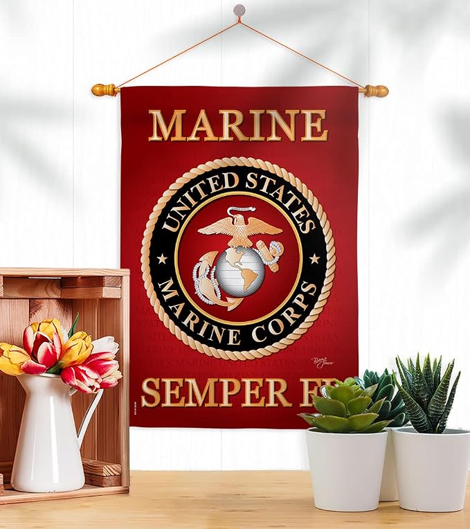 Breeze Decor HS108057-BO-03 Marine Corps Americana Military Decorative Vertical House Flag Set, 28"x 40" w/Flagpole, Multi-Color