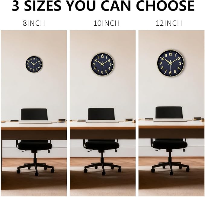 Wall Clock, 8 Inch Wall Clocks Battery Operated, Modern Non Ticking Silent Digital Analog Small Wall Clock for Bedroom Living Room Kitchen Office Gym Classroom Outdoor Clocks, Gold Blue