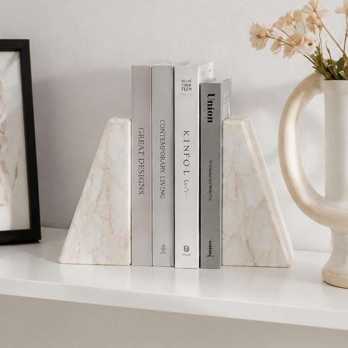 Koville Marble Bookends for Shelves, Large Bookends for Heavy Books, Natural Stone Book Stopper for Books CD Movies, Aesthetic Decorative Book Ends, Bookshelf Table Home Decor(Golden Spider)