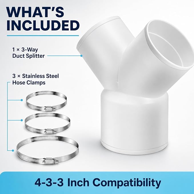 Enenes 3 Way Duct Splitter Reducer 4-3-3 Inch Connector for Dryer Vent Hose | Connects One 4 Inch Duct to Two 3 Inch Vent Hoses for Fresh Air, HVAC and Exhaust Systems; Includes 3 Stainless Steel Clamps