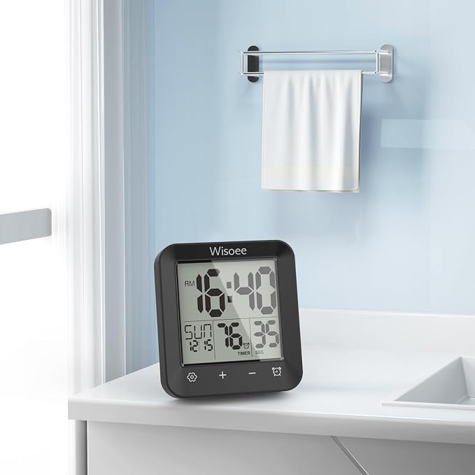 Waterproof Shower Clock Bathroom Timer, Digital Wall Clock | with Countdown, Temperature Display, Calendar, Suction Cup for Kitchen Spas, Cooking and Baths, Battery Operated