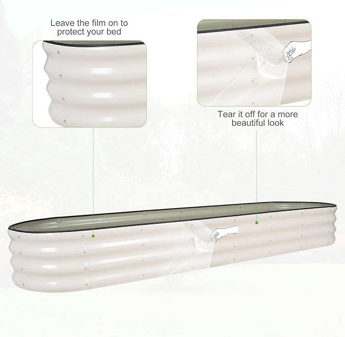 Galvanized Raised Garden Bed - 8x2x1FT Metal Planter Boxes Outdoor | Oval Steel Raised Bed Kit for Gardening with Protective Tape, Bracing Rods, Gloves for Vegetables, Flower, Herb (White)
