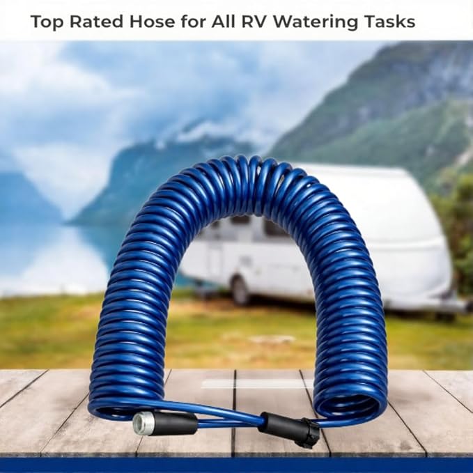 SpringHose RV Water Hose 3/8 in by 50-Foot Polyurethane RV Drinking Water Hose Safe - Premium and Lightweight Coiled Hose with Quick-Connect Male Adapter Plug, Made in Canada, Blue