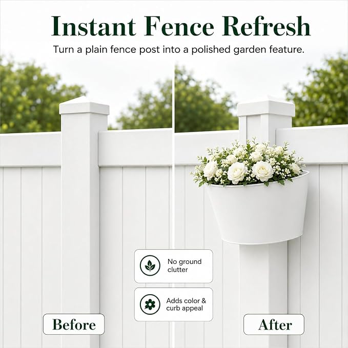 4 Pack White Metal Fence Post Planter for 4x4 & 5x5 PVC Vinyl Fence, No-Drill Hanging Flower Pots for Outdoor Plants, Flush Fit Planters with Drainage for Garden Yard Outdoor Decor