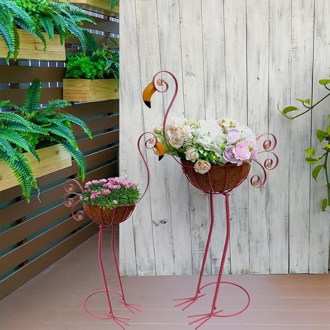 COOZZYHOUR Metal Flamingo Planter with Basket -Garden Bird Planters for Outdoor Indoor Lawn,Yard,Porch,Patio, Garden Decorations(Set of 2)