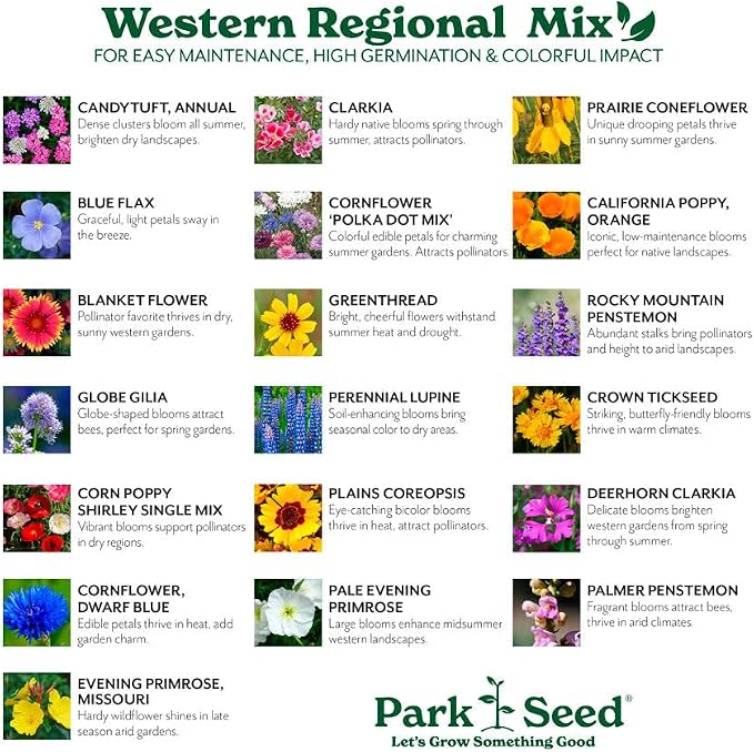 Park Seed Grow Your Own Vibrant Annual and Perennial Wildflower Garden Seeds Mixture, Easy to Grow Varieties for Pollinators and Spring Gardens - Western Regional Mix, 50 lbs
