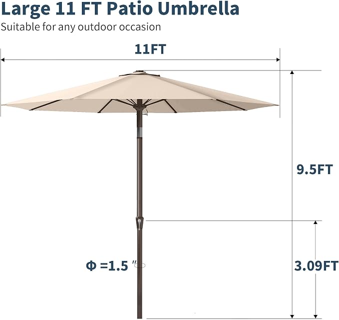 PatioKingdom 11FT Patio Umbrella,Outdoor Umbrella with Push Button Tilt and Crank,Market Table Umbrella with 8 Sturdy Fiberglass Ribs UV Protection