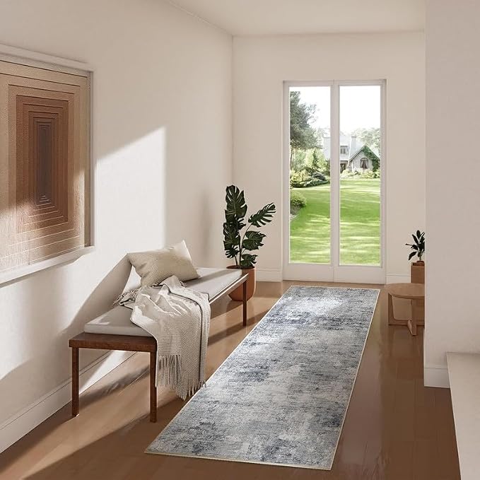 Machine Washable Rug Runners for Hallways: 2x10 Long Runner Rug Non Slip Low Pile Soft Faux Wool Distressed Vintage Lightweight Carpet Runners for Kitchen Entryway Bedroom Dining Room Foyer Office