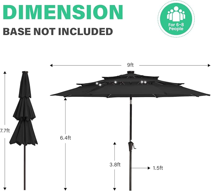 JEAREY 3 Tiers Patio Umbrella with Solar Lights 9ft Outdoor Market Table Umbrellas with Push Button Tilt for Outside Pool Garden, Black