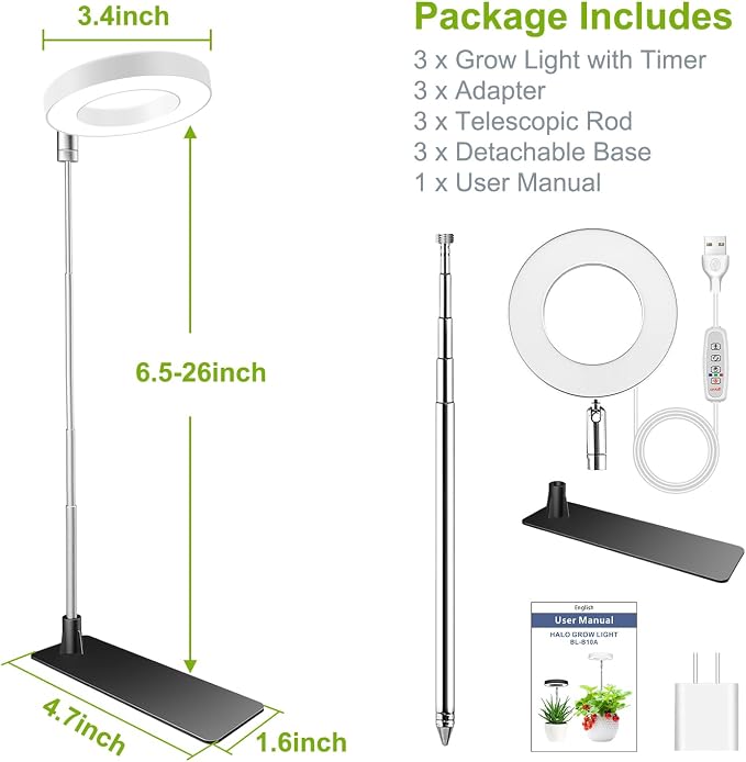 Kullsinss Grow Lights for Indoor Plants, 48 LEDs Full Spectrum Halo Plant Light for Indoor Plants, Height Adjustable Growing Lamp with Detachable Base, 3/9/12Hrs Timer, 10 Brightness, 3-Pack