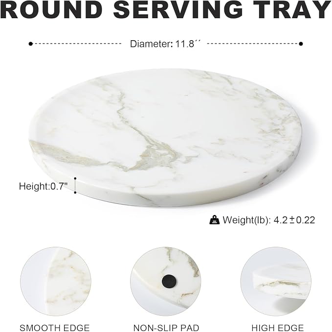 Karibiber Marble Serving Tray, 11.8in Round Vanity Tray for Bathroom Countertop, Calacatta Candle Holder for Coffee Table/Kitchen, Stone Home Decorative Catchall Tray for Perfume