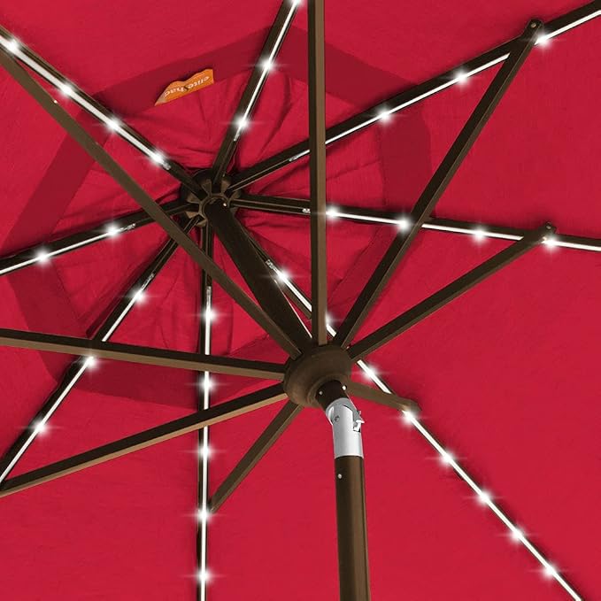 EliteShade USA 10-Year-Non-Fading 9ft 3-Tier Market Patio Umbrella, Commercial Table Umbrella with 80 Solar LED Lights, Crank Open, Windproof & UPF 50+ UV Protection for Garden, Deck, Pool, Backyard, Logo Red